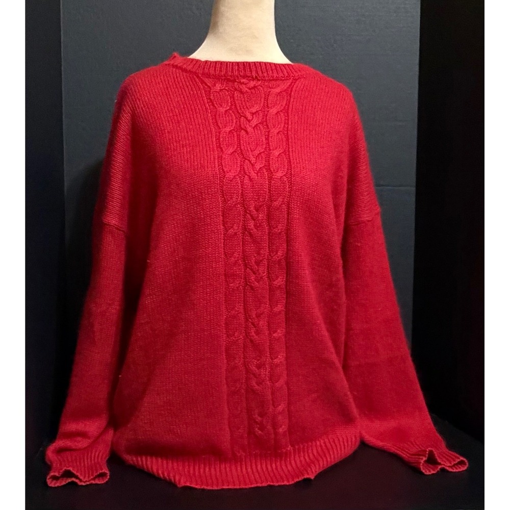 Perry Ellis VTG Red Cable Knit Soft Sweater L Angora Rabbit Hair Silk Luxury 80s